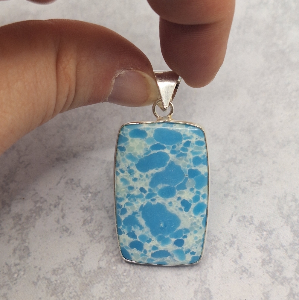 Natural Larimar Blue Stone Pendant Silver Plated Handmade - Picture 4 of 6